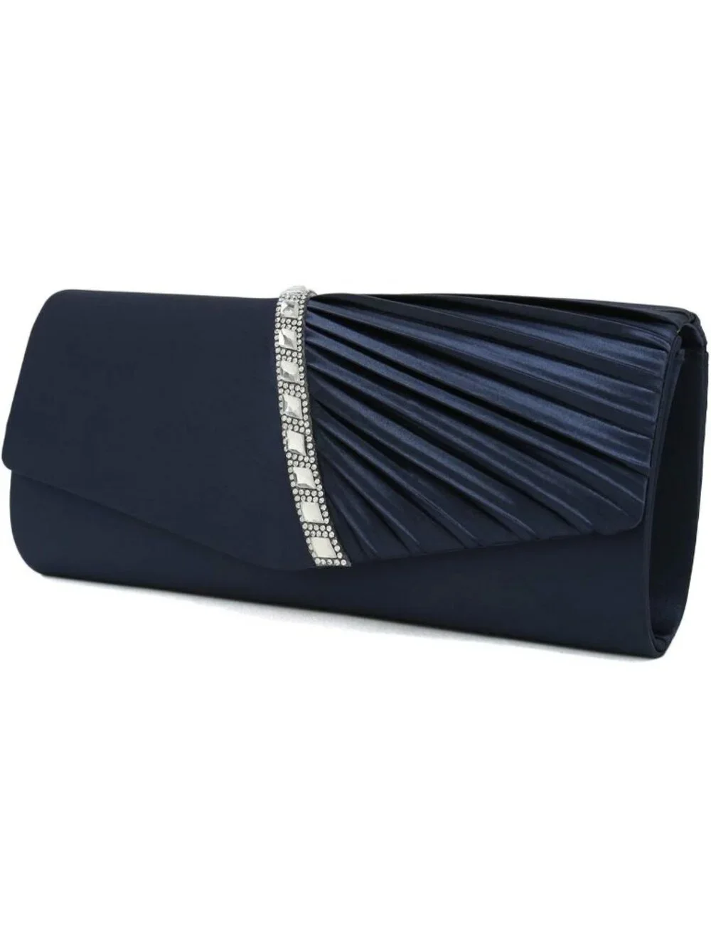 Women's Navy Blue Crystal Embellished Pleated Satin Clutch Purse For Evening Bag